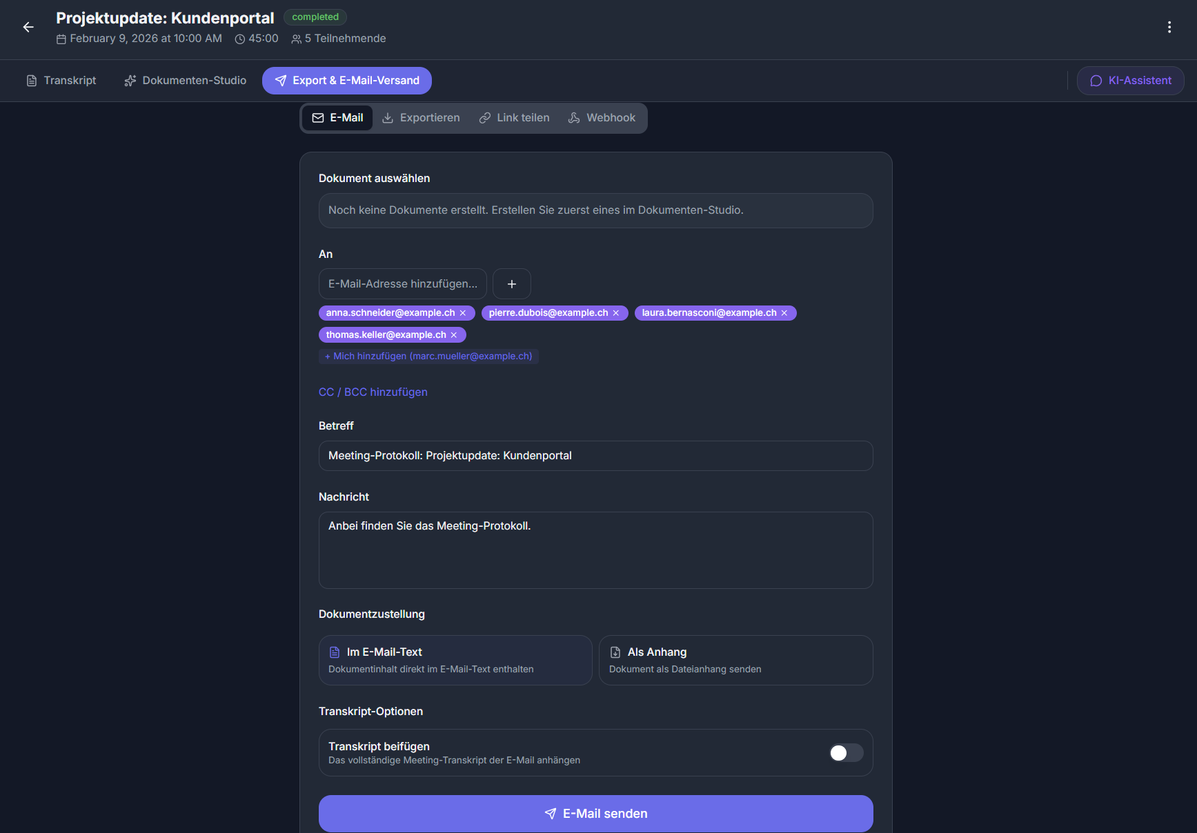 Protokollwerk Export mit E-Mail-Versand und automatischer Teilnehmererkennung